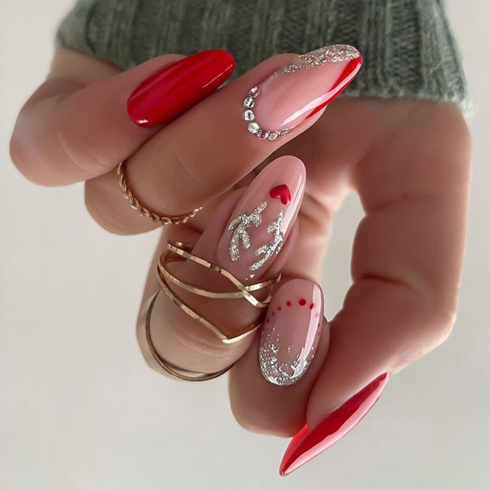 24x Lovely Elk Press On Nail Almond Shape False Nail Christmas