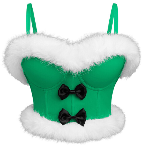 Adjustable Strap Christmas Camisole with Furry Bows-Green L