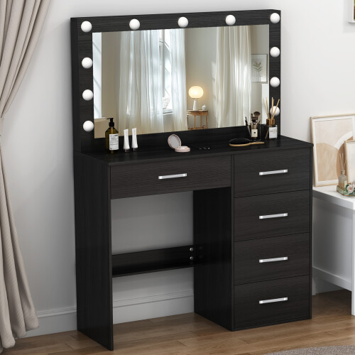 With 11 LED Lighted Mirror And 5-Drawer Black Vanity Dressing Table UK