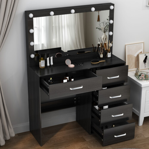 With 11 LED Lighted Mirror And 5-Drawer Black Vanity Dressing Table UK 1