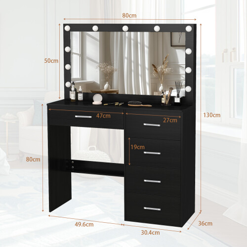 With 11 LED Lighted Mirror And 5-Drawer Black Vanity Dressing Table UK 2