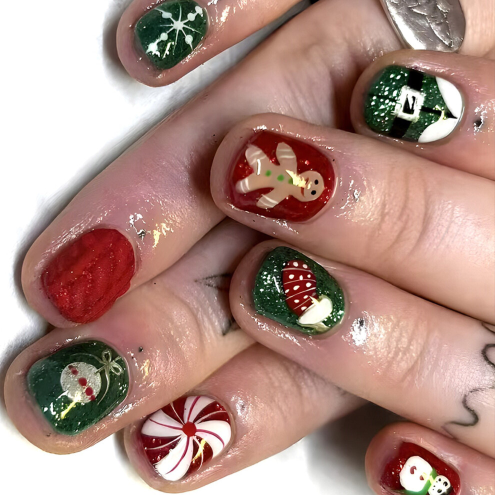 24 Pcs Snowman False Nail Christmas Artificial Nail Glittering