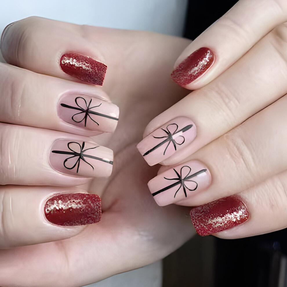 24 Pcs Christmas Ribbons Press On Nail Short Artificial Nail