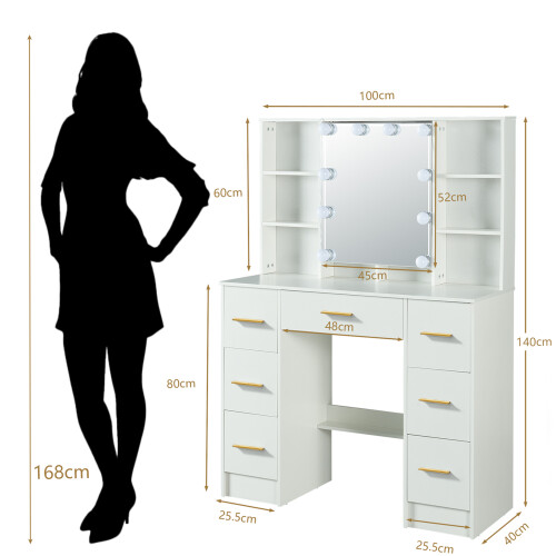 100cm Dressing Table w/LED Mirror 10 Storage Shelves 7Drawer Vanity UK 1