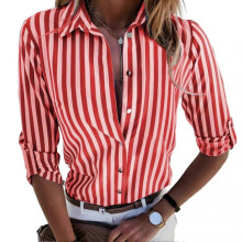 (S, Red) Women Striped Print Blouse Tops Striped Classic Long Sleeve Shirts