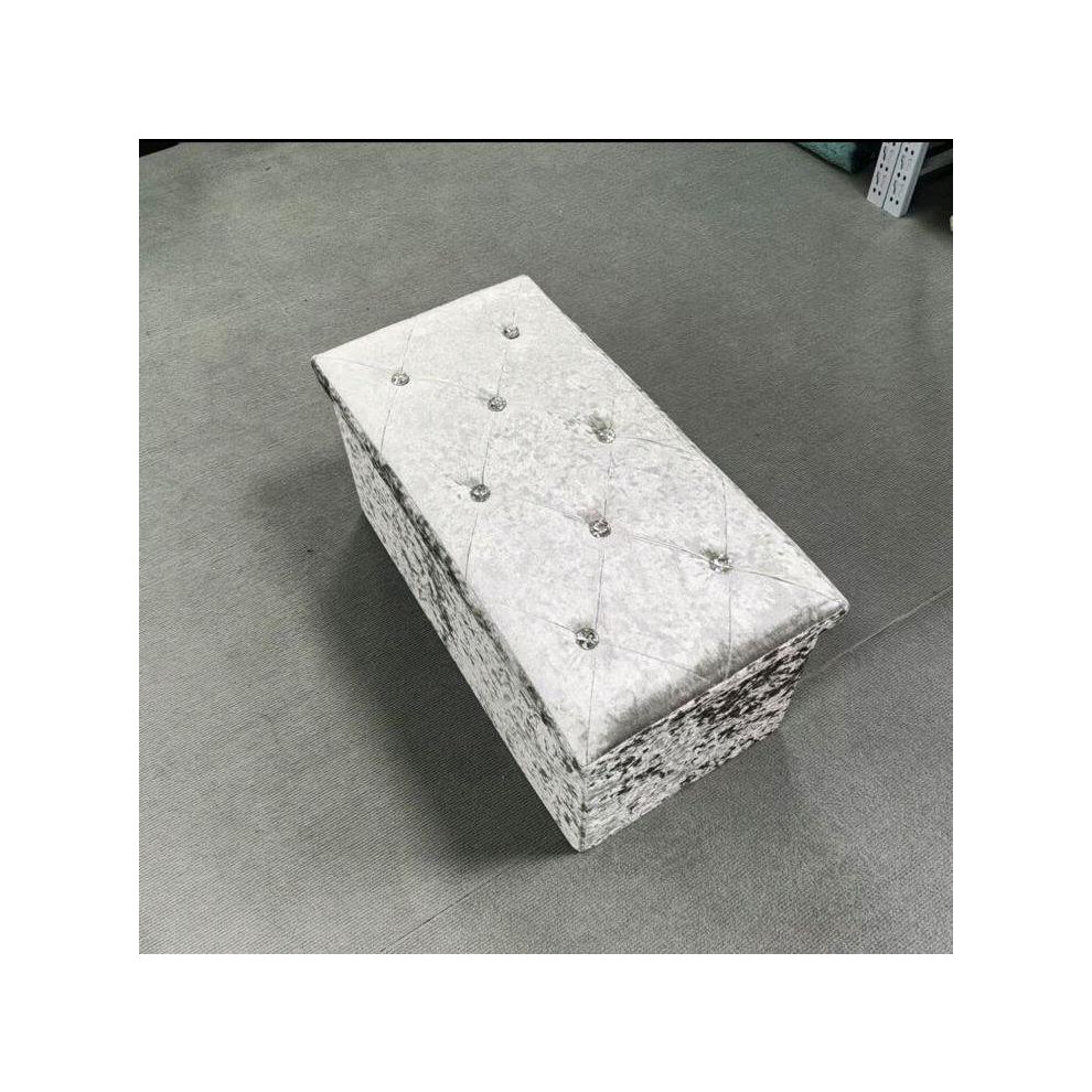 (Silver) Stunning Crush Velvet Ottoman Storage Box with Elegant Button Tufting Design