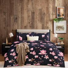(Floral Black, Single) Luxury 4-Piece Marble & Floral Bedding Set – Soft Duvet Cover, Deep Pocket Fitted Sheet & Pillowcases – Machine Washable, Wrinkle-Resistant