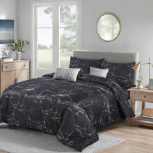 (Marble Grey , Single) Luxury 4-Piece Marble & Floral Bedding Set – Soft Duvet Cover, Deep Pocket Fitted Sheet & Pillowcases – Machine Washable, Wrinkle-Resistant