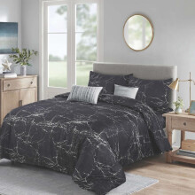 (Marble Grey, King) Luxury 4-Piece Marble & Floral Bedding Set – Soft Duvet Cover, Deep Pocket Fitted Sheet & Pillowcases – Machine Washable, Wrinkle-Resistant