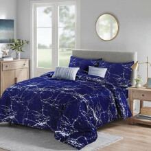 (Marble Blue, King) Luxury 4-Piece Marble & Floral Bedding Set – Soft Duvet Cover, Deep Pocket Fitted Sheet & Pillowcases – Machine Washable, Wrinkle-Resistant