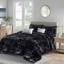 (Marble Black, King) Luxury 4-Piece Marble & Floral Bedding Set – Soft Duvet Cover, Deep Pocket Fitted Sheet & Pillowcases – Machine Washable, Wrinkle-Resistant
