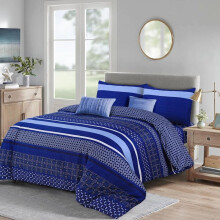 (Stripe Navy , Single) Luxury 4-Piece Marble & Floral Bedding Set – Soft Duvet Cover, Deep Pocket Fitted Sheet & Pillowcases – Machine Washable, Wrinkle-Resistant