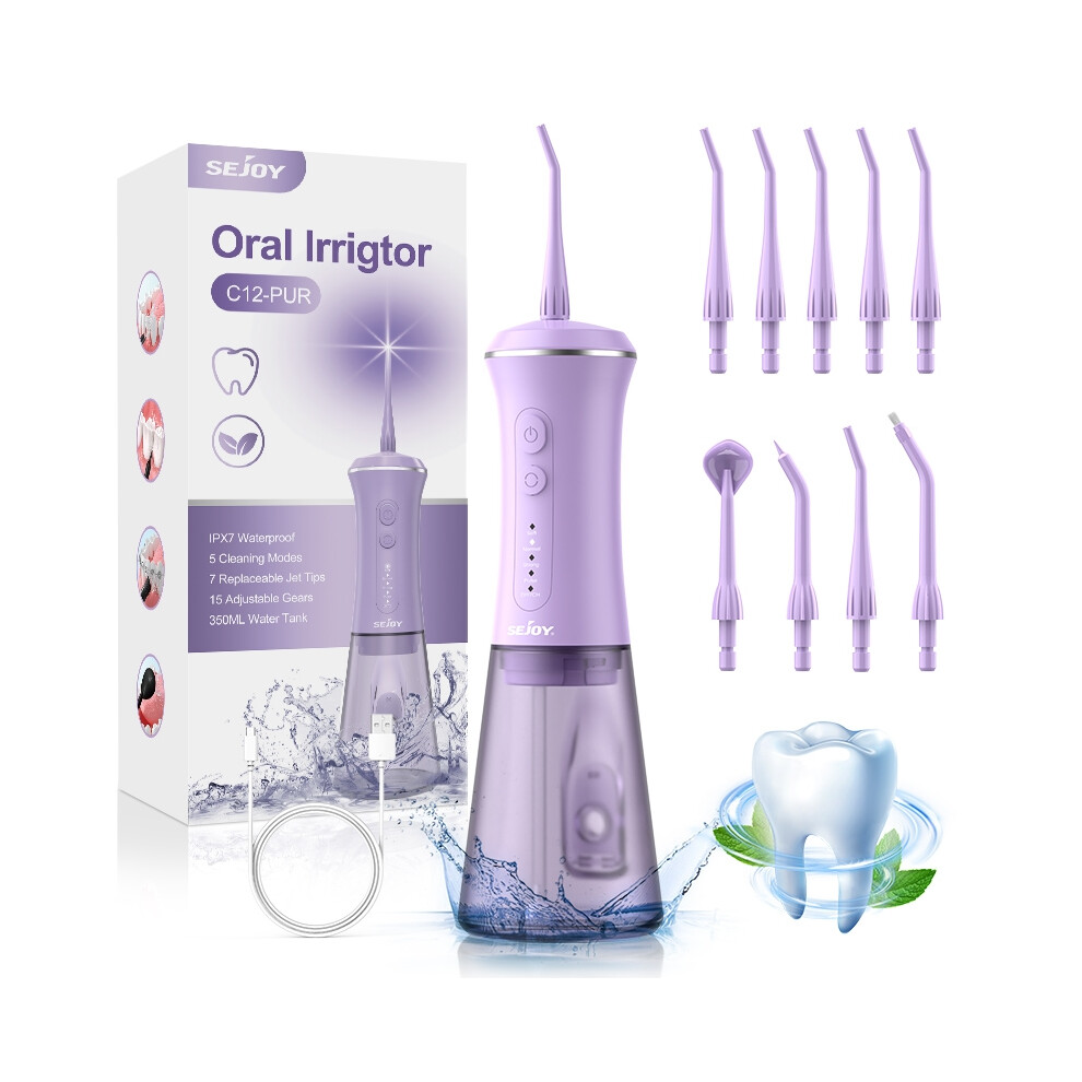(Purple) Sejoy Portable Oral Irrigator Rechargeable,Professional Wireless Dental Water Flosser 9 Nozzles 5 Modes Ipx7 Waterproof 350Ml Purple
