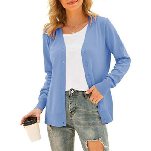 (M, blue) Women's Basic Long Sleeve Button Front Cardigan Sweater Knit Coat Tops Outerwearp
