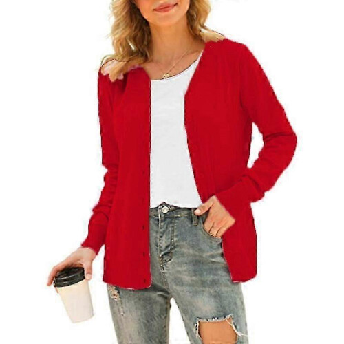 (M, red) Women's Basic Long Sleeve Button Front Cardigan Sweater Knit Coat Tops Outerwearp