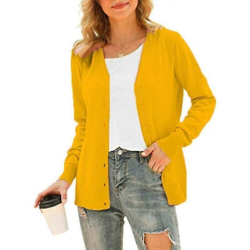 (L,yellow)Women's Basic Long Sleeve Button Front Cardigan Sweater Knit Coat Tops Outerwearp