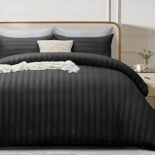 (Black, Double) 4 Piece Duvet Cover Set - Duvet Cover and Fitted Sheet with Pillow cases - Satin Stripes Soft Brushed Microfiber comfort bedding- available
