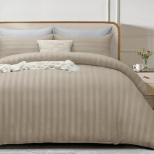 (Beige, Super King) 4 Piece Duvet Cover Set - Duvet Cover and Fitted Sheet with Pillow cases - Satin Stripes Soft Brushed Microfiber comfort bedding- available