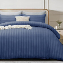 (Beige, Double) 4 Piece Duvet Cover Set - Duvet Cover and Fitted Sheet with Pillow cases - Satin Stripes Soft Brushed Microfiber comfort bedding- available