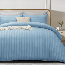(Light Blue, King) 4 Piece  Duvet Cover Set - Duvet Cover and Fitted Sheet with Pillow cases - Satin Stripes Soft Brushed Microfiber comfort bedding- available