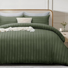(Olive Green, King) 4 Piece Duvet Cover Set - Duvet Cover and Fitted Sheet with Pillow cases - Satin Stripes Soft Brushed Microfiber comfort bedding- available