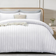(White, King) 4 Piece Duvet Cover Set - Duvet Cover and Fitted Sheet with Pillow cases - Satin Stripes Soft Brushed Microfiber comfort bedding- available