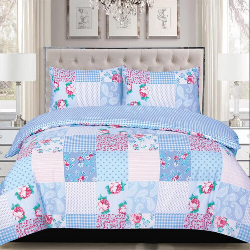 (Patchwork Blue, Double) Premium Microfiber Printed Duvet Quilt Cover Set – Floral Patchwork Bedding, Single to Super King