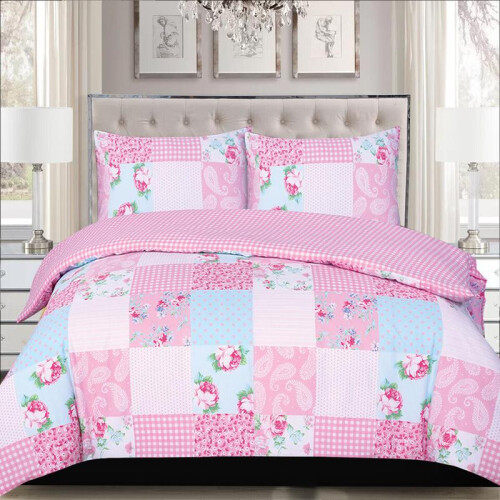 (Patchwork Pink, Double) Premium Microfiber Printed Duvet Quilt Cover Set – Floral Patchwork Bedding, Single to Super King