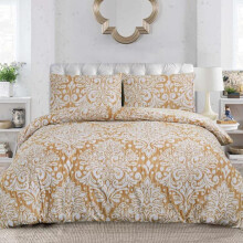 (Royal Damask Gold, King) Premium Microfiber Printed Duvet Quilt Cover Set – Floral Patchwork Bedding, Single to Super King