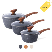 (Marble) Nuovva Non Stick Saucepan Set – Induction Saucepan with Lid – 3pcs Sauce Pan – Saucepot Set - by nuovva Cookware Glass Stylish Frying Pan Oi