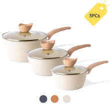 (Cream Granite) Nuovva Non Stick Saucepan Set – Induction Saucepan with Lid – 3pcs Sauce Pan – Saucepot Set - by nuovva Cookware Glass Stylish Frying Pan Oi