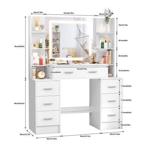 Large Dressing Table with 7 Drawers +8 open shelves &LED Dimmer Mirror 1