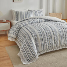 (Blue, US-Full) Boho Pom-pom Tassel Decor Bedding Set, 3 Counts/set Including 1 Duvet Cover & 2 Pillowcase without Filler, Luxury Bedding Sets, Summer
