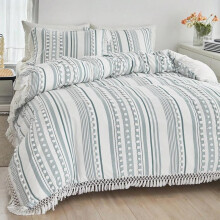 (Gray Green, UE-Double) Boho Pom-pom Tassel Decor Bedding Set, 3 Counts/set Including 1 Duvet Cover & 2 Pillowcase without Filler, Luxury Bedding Sets, Summer