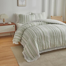 (Green, US-Queen) Boho Pom-pom Tassel Decor Bedding Set, 3 Counts/set Including 1 Duvet Cover & 2 Pillowcase without Filler, Luxury Bedding Sets, Summer