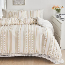 (Khaki, US-King) Boho Pom-pom Tassel Decor Bedding Set, 3 Counts/set Including 1 Duvet Cover & 2 Pillowcase without Filler, Luxury Bedding Sets, Summer
