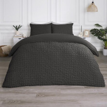 (Charcoal, Single) OHS Quilted Seersucker Duvet Set Geo Filled Plush Plump Warm Soft Cosy Duvet Cover With Pillowcase Bedding Set Single Double King Super King