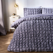 (Grey Filled Quilted, King) OHS Quilted Seersucker Duvet Set Geo Filled Plush Plump Warm Soft Cosy Duvet Cover With Pillowcase Bedding Set Single Double King Super King
