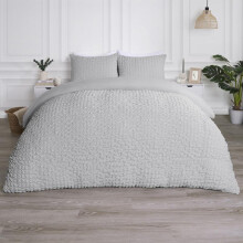 (Grey, Single) OHS Quilted Seersucker Duvet Set Geo Filled Plush Plump Warm Soft Cosy Duvet Cover With Pillowcase Bedding Set Single Double King Super King