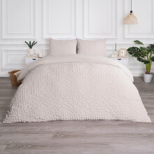 (Natural, Single) OHS Quilted Seersucker Duvet Set Geo Filled Plush Plump Warm Soft Cosy Duvet Cover With Pillowcase Bedding Set Single Double King Super King