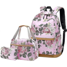 (Pink) Canvas Backpack Set Flowers Print With Lunch Box Bag And Pencil Case BBO