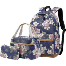 (Blue) Canvas Backpack Set Flowers Print With Lunch Box Bag And Pencil Case BBO