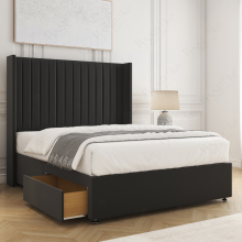 (Black, 5ft King (with Mattress)) Manhattans Divan Double Bed Base with 2 Drawers 54" Wingback Headboard Velvet Upholstered Storage Bed with Mattress Option