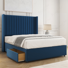 (Blue, 4ft6" Double (with Mattress)) Manhattans Divan Double Bed Base with 2 Drawers 54" Wingback Headboard Velvet Upholstered Storage Bed with Mattress Option