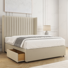 (Cream, 5ft King (No Mattress)) Manhattans Divan Double Bed Base with 2 Drawers 54" Wingback Headboard Velvet Upholstered Storage Bed with Mattress Option