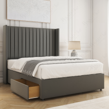 (Grey, 4ft Small Double (with Mattress)) Manhattans Divan Double Bed Base with 2 Drawers 54" Wingback Headboard Velvet Upholstered Storage Bed with Mattress Option