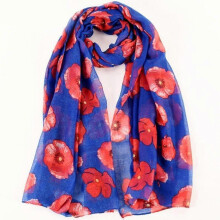(sapphire blue) Poppy Print Scarf Remembrance Day Poppies Floral Wrap Shawl for Women Ladies