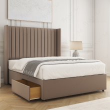 (Mink, 4ft6" Double (No Mattress)) Manhattans Divan Double Bed Base with 2 Drawers 54" Wingback Headboard Velvet Upholstered Storage Bed with Mattress Option