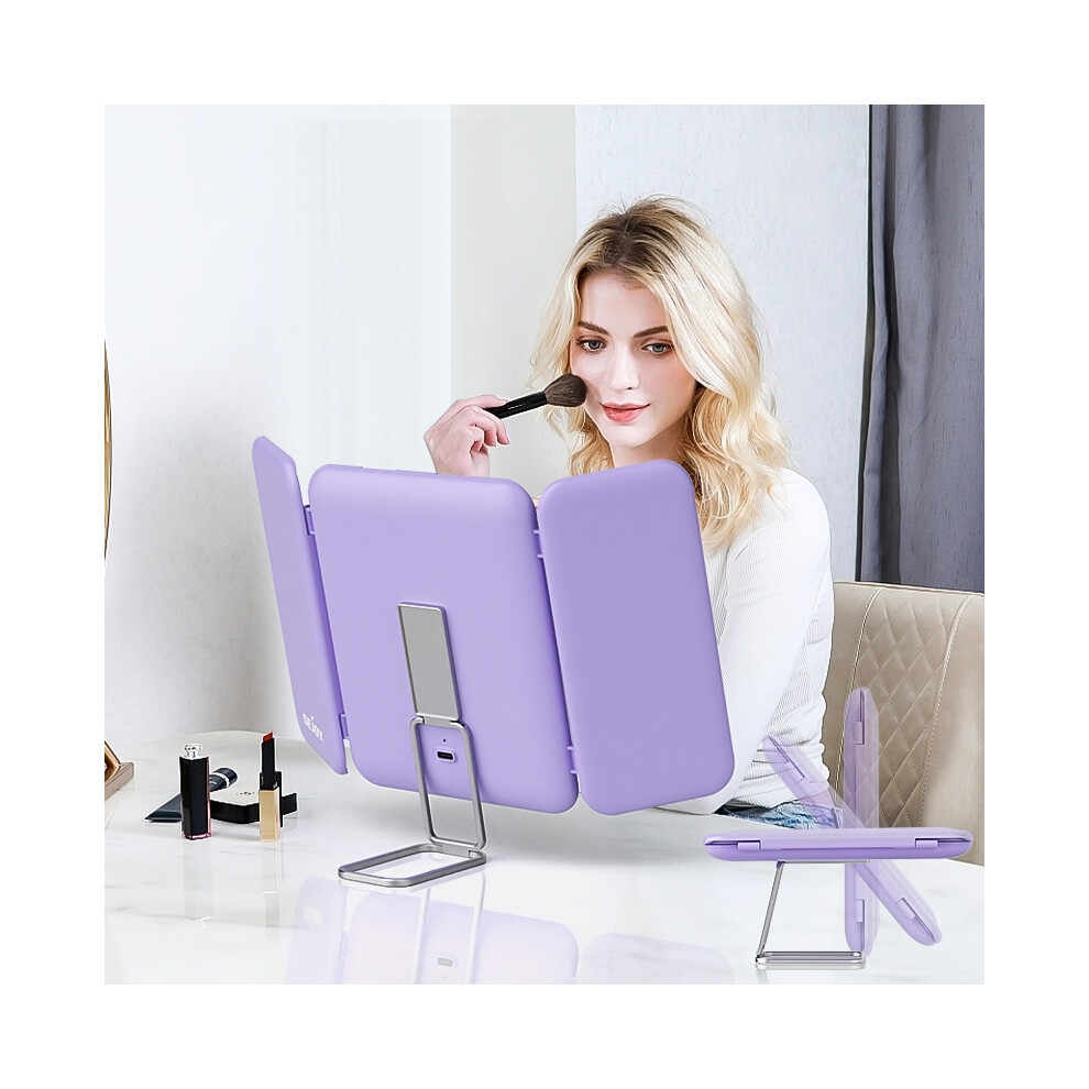 (PURPLE) SEJOY Makeup Mirror with Lights, 1X 3X 7X Magnifying Mirror, Touch Control, Trifold Makeup Mirror, Portable LED Makeup Mirror