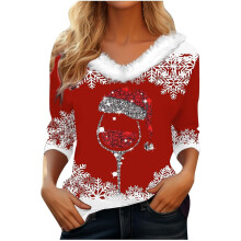 (XL, 001 Red) Christmas Sweatshirts for Women Ladies Tops Xmas Jumpers Furry V Neck 3/4 Sleeve Shirts Xmas Tree Snowflake Wine Glasses Graphic Tees Casual